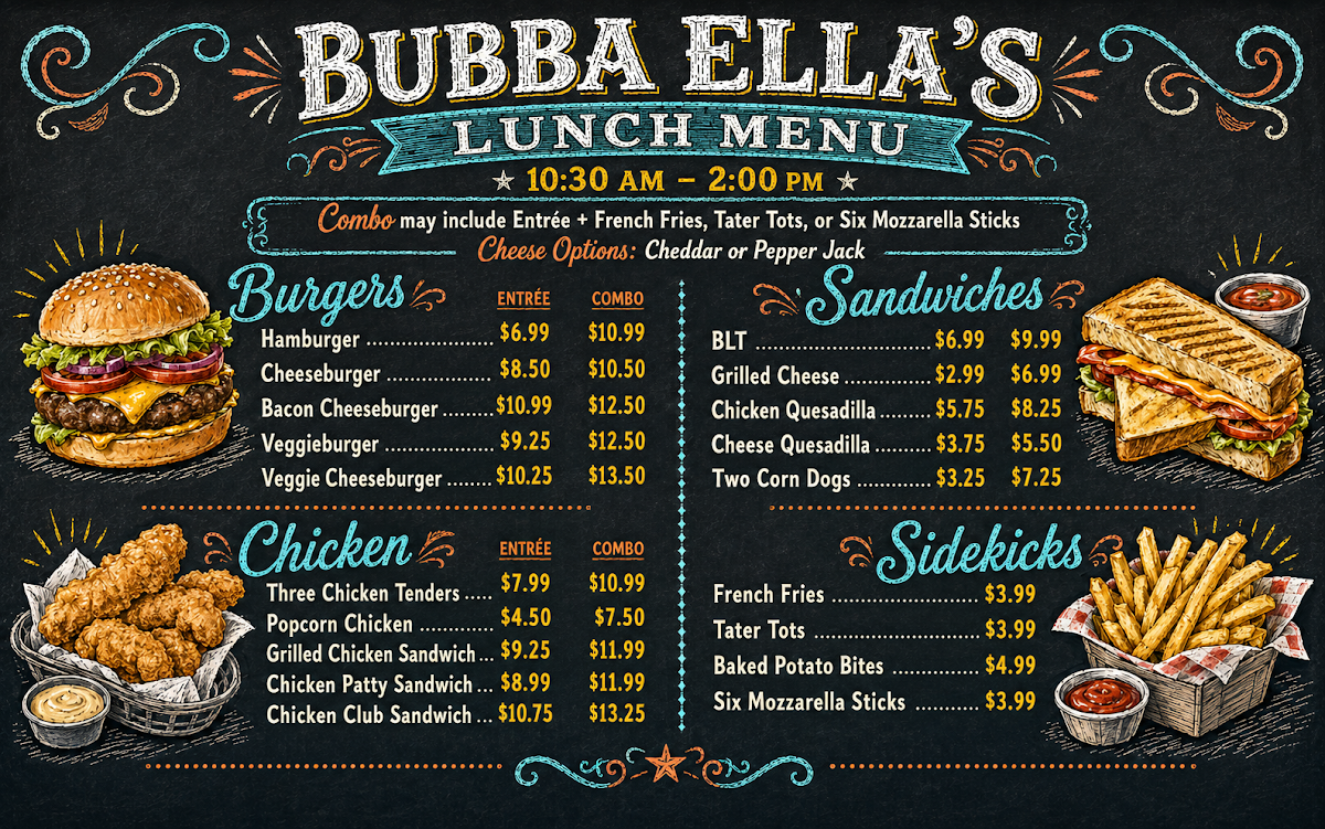 Bubba Ella’s Grill menu board