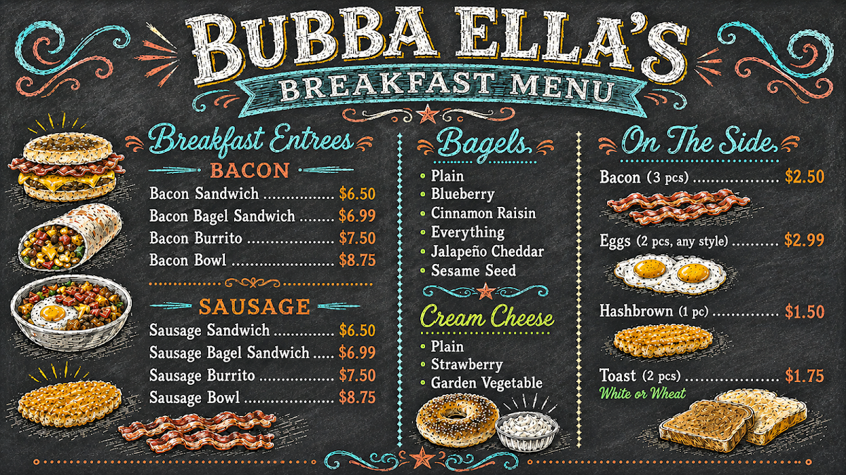 Bubba Ella’s Grill menu board