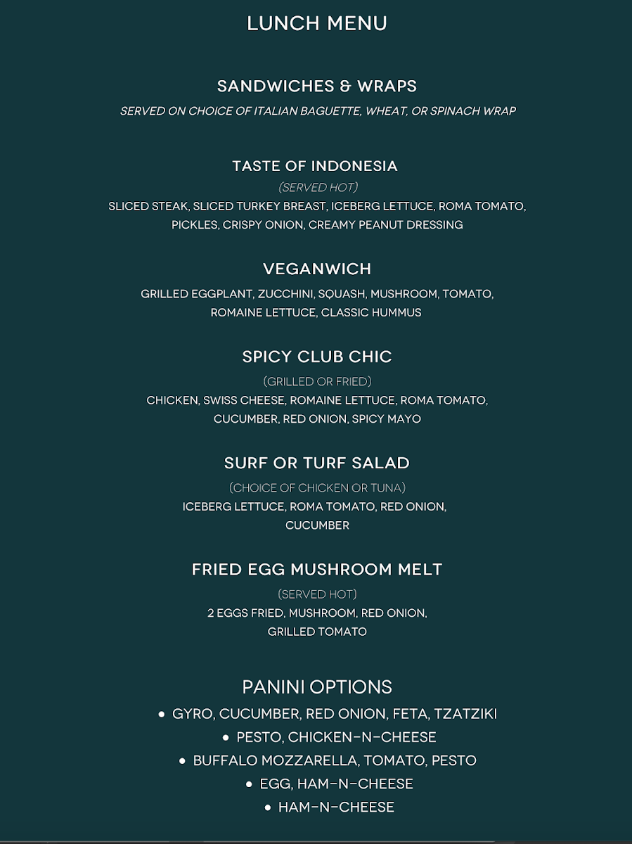 The Piaffe Lounge menu board