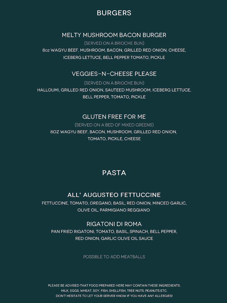 The Piaffe Lounge menu board