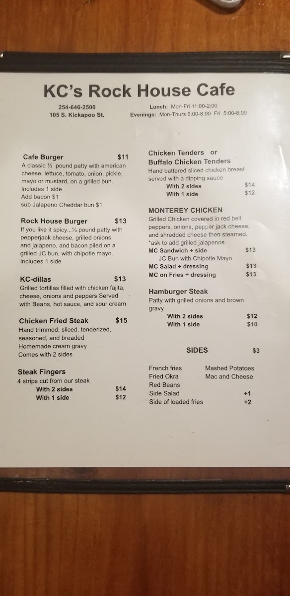 Kc's Rock house cafe menu board