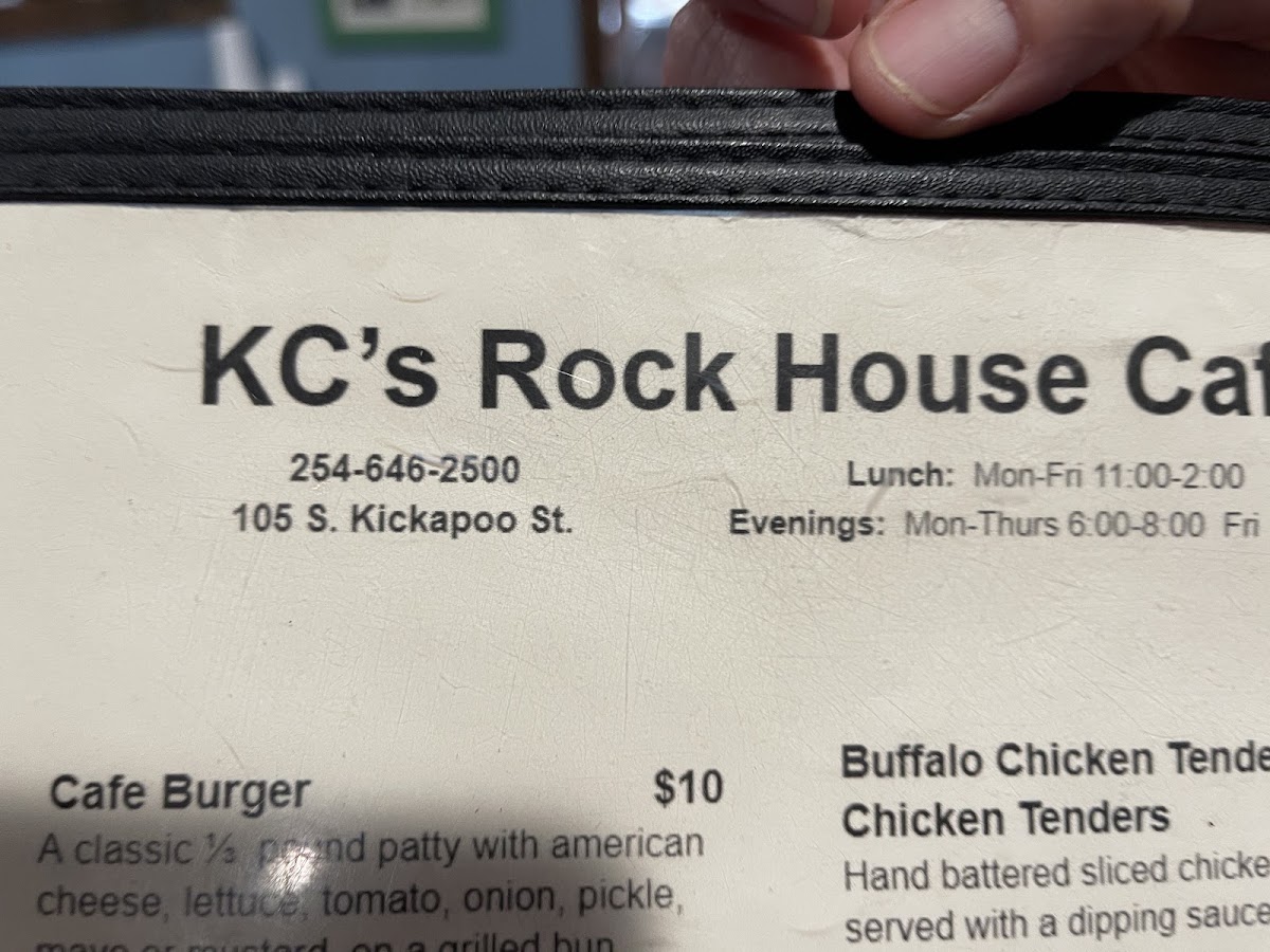 Kc's Rock house cafe menu board