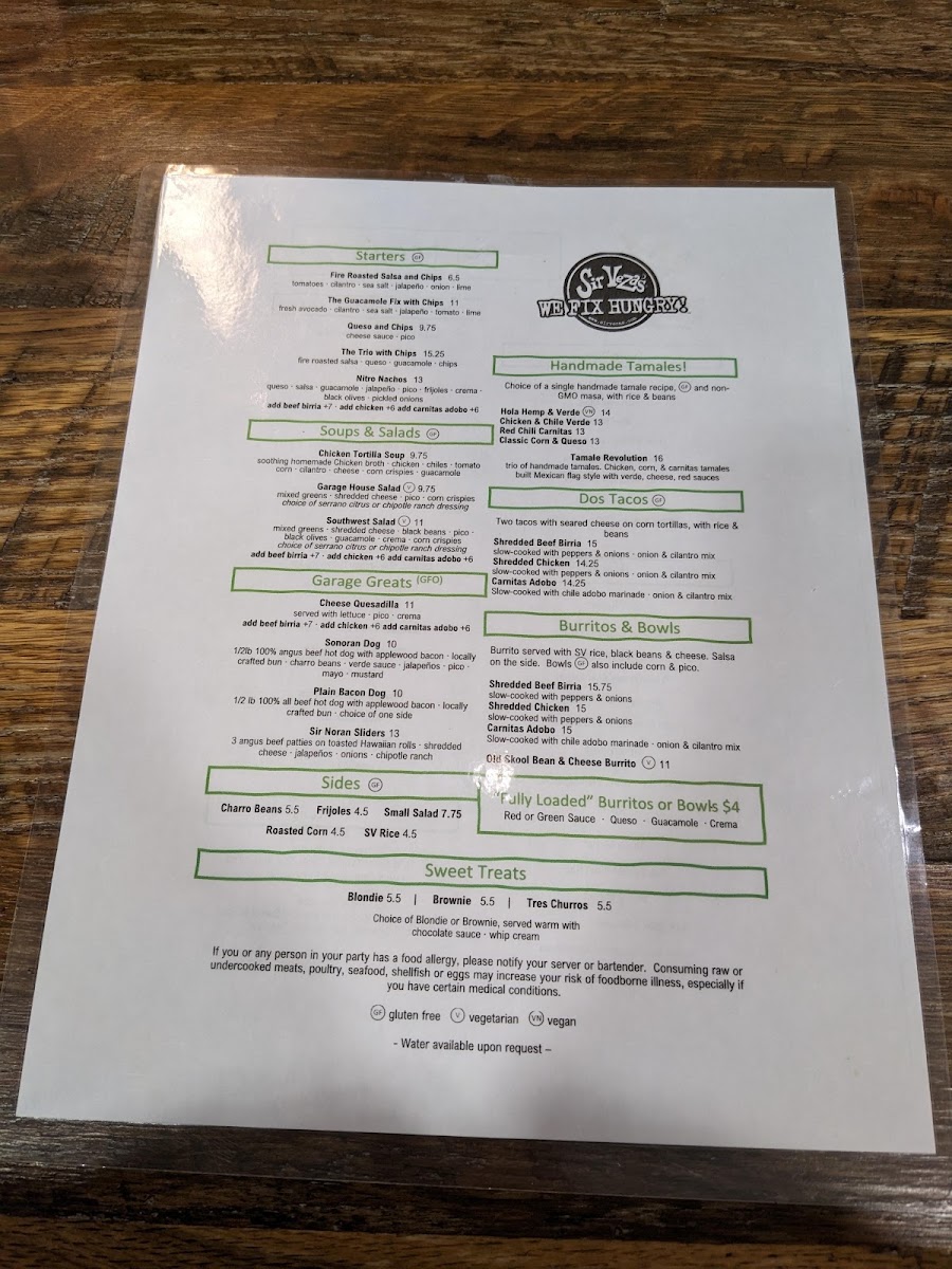 Sir Veza’s Kitchen & Kantina menu board