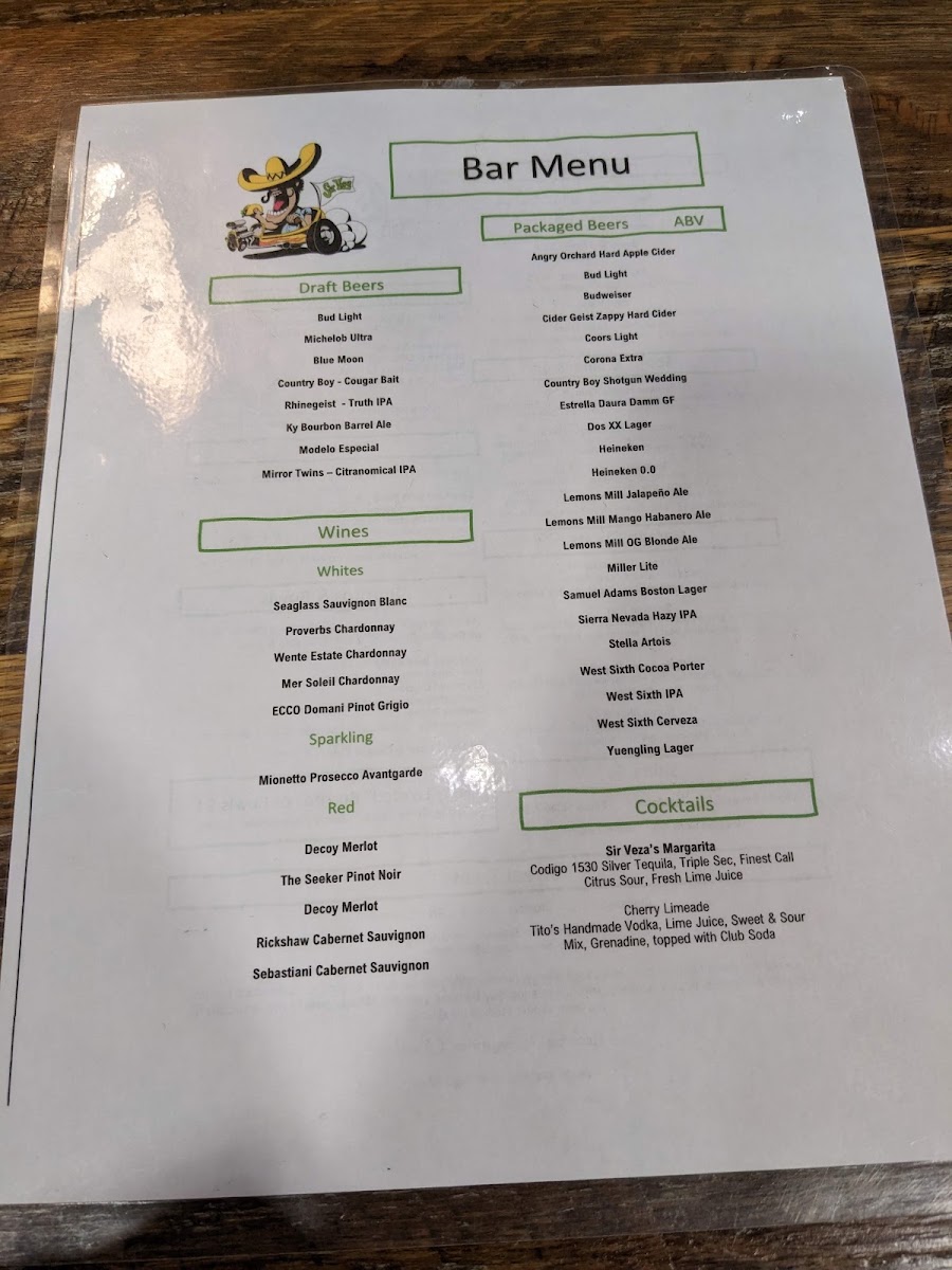 Sir Veza’s Kitchen & Kantina menu board