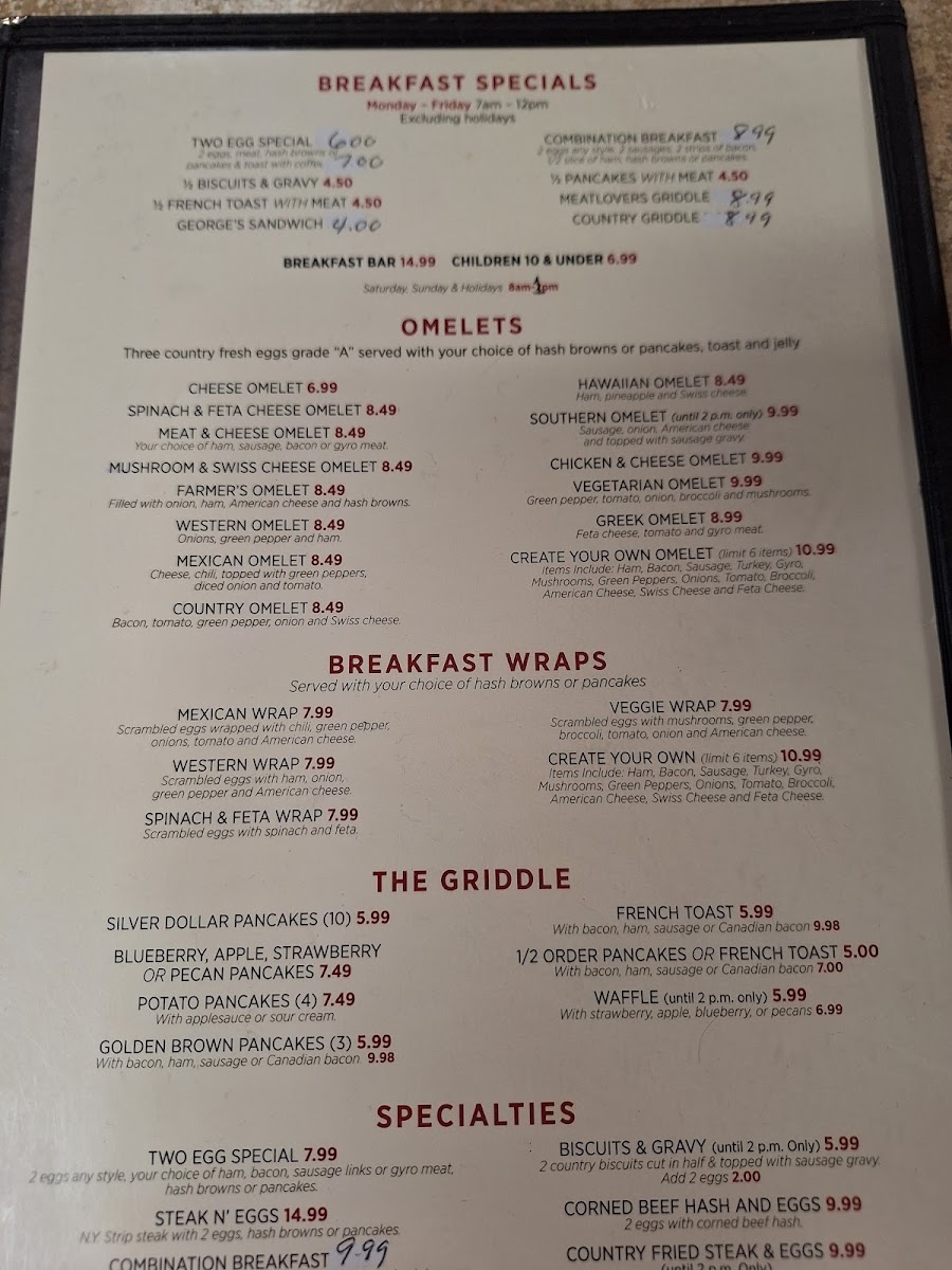 George's Family Dining menu board