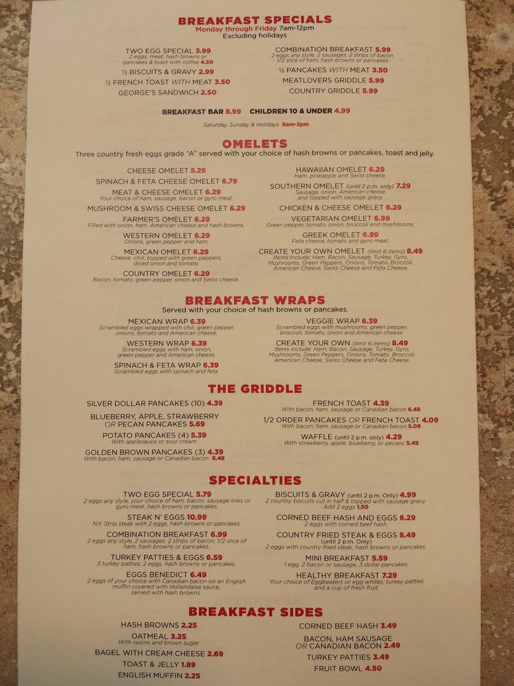 George's Family Dining menu board