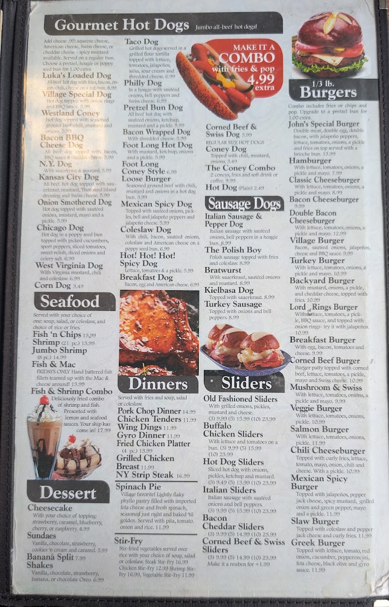 Village Gourmet Hot Dogs menu board