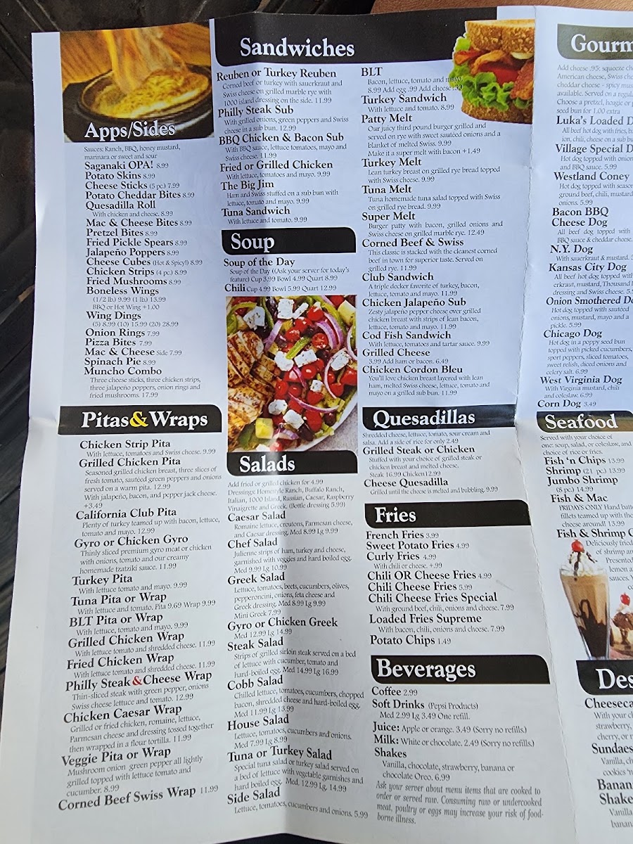 Village Gourmet Hot Dogs menu board