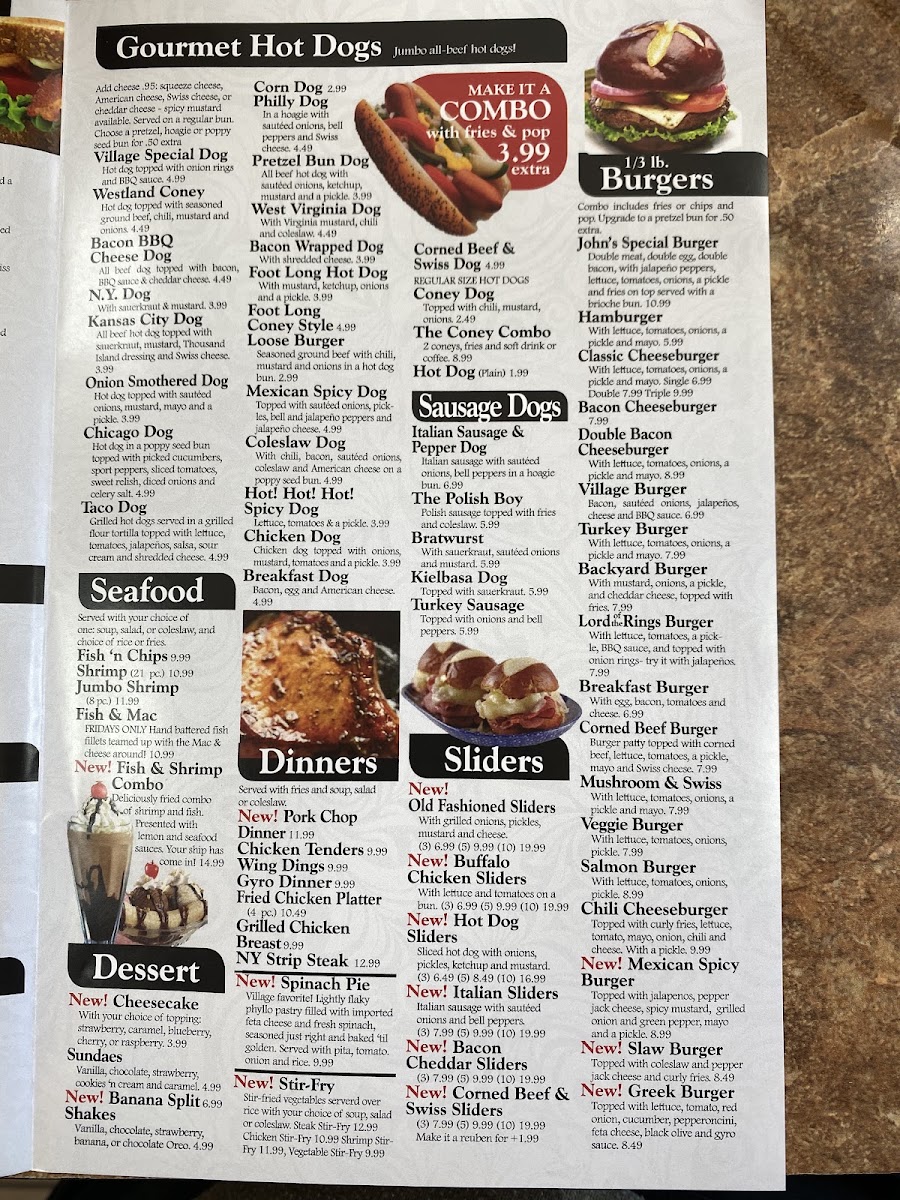 Village Gourmet Hot Dogs menu board