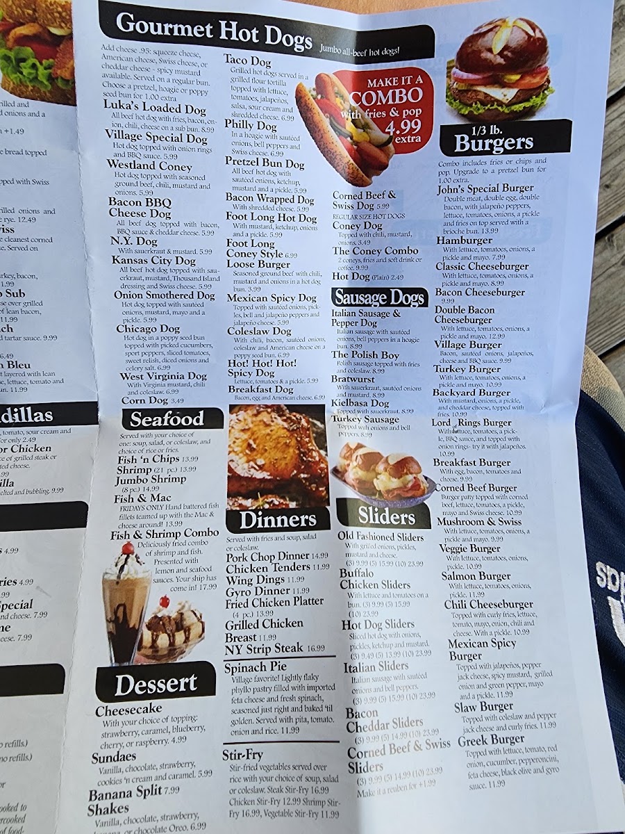 Village Gourmet Hot Dogs menu board