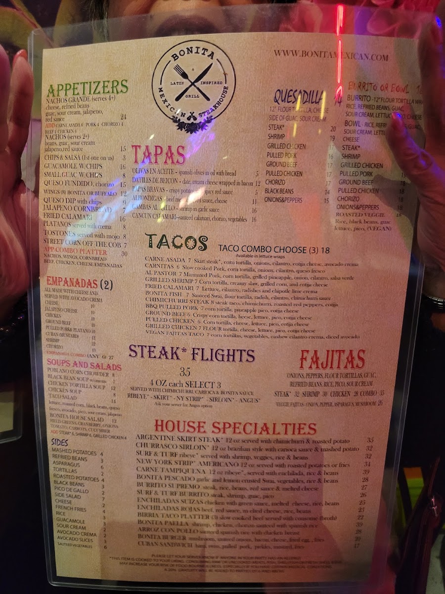 Bonita Mexican Steakhouse menu board