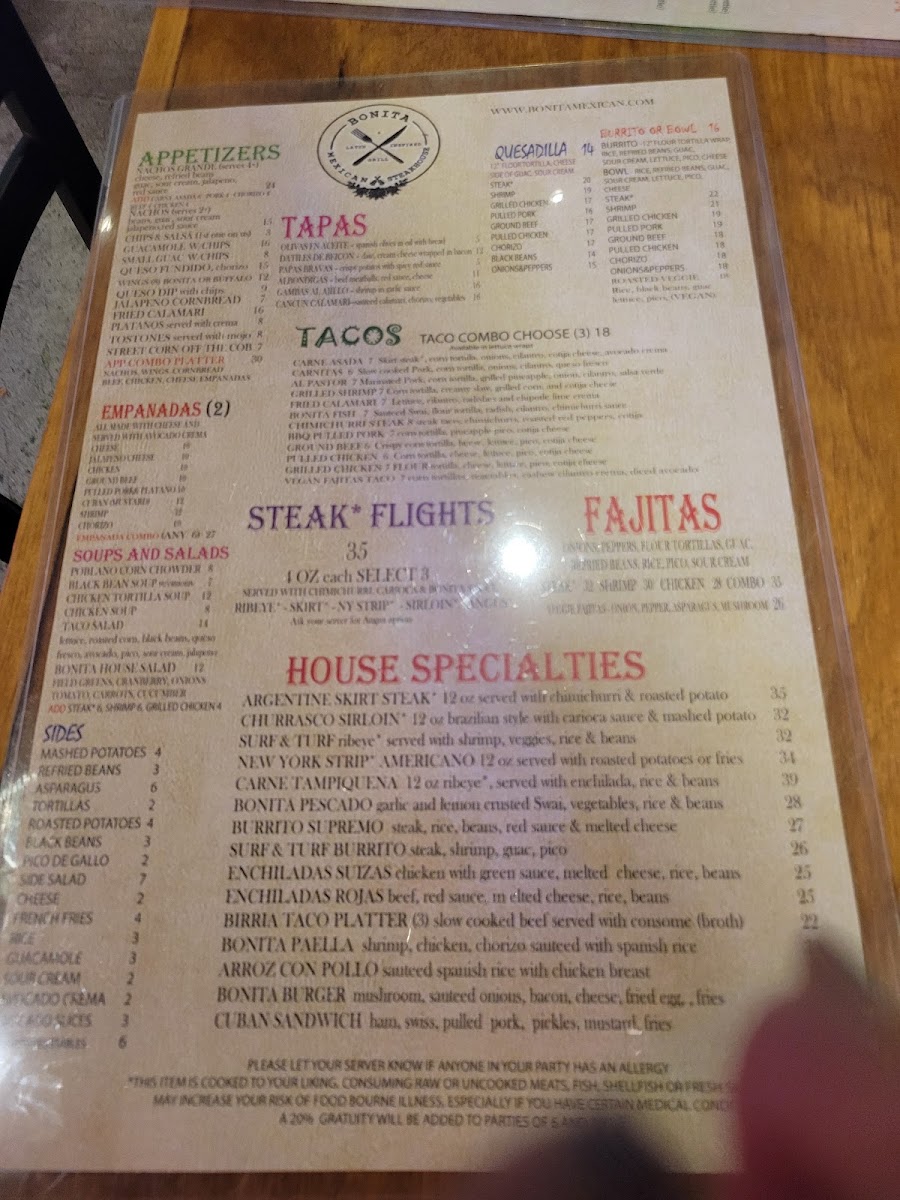 Bonita Mexican Steakhouse menu board