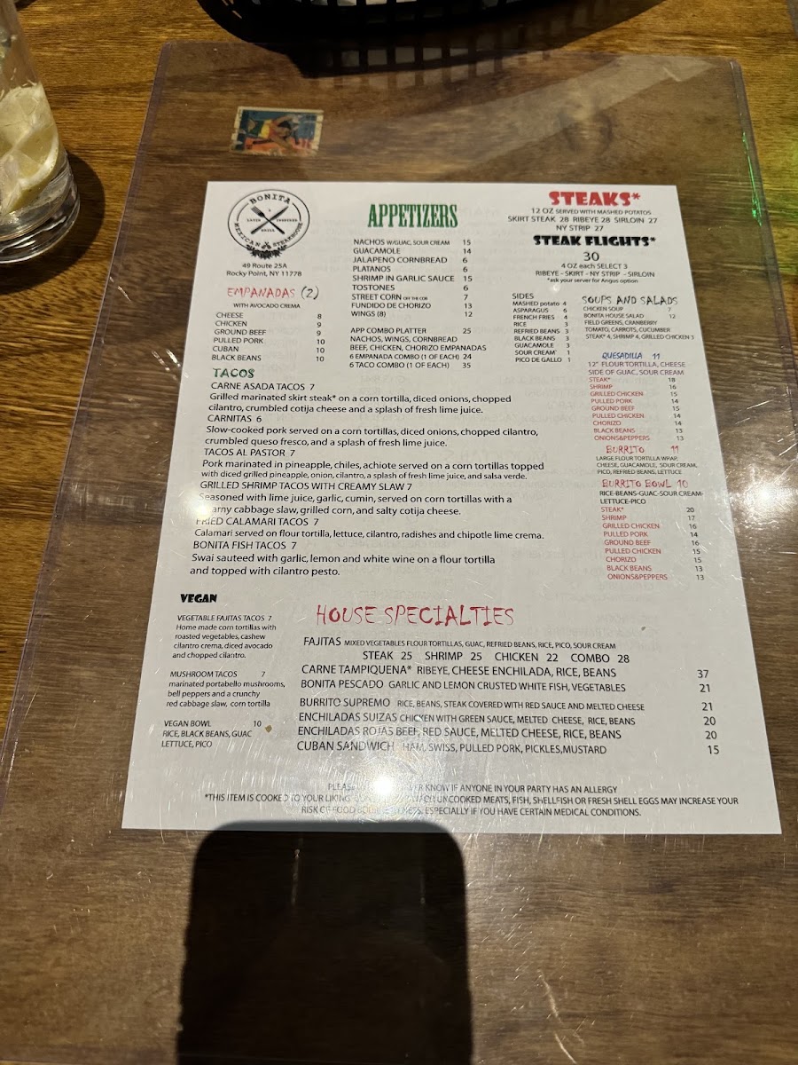 Bonita Mexican Steakhouse menu board