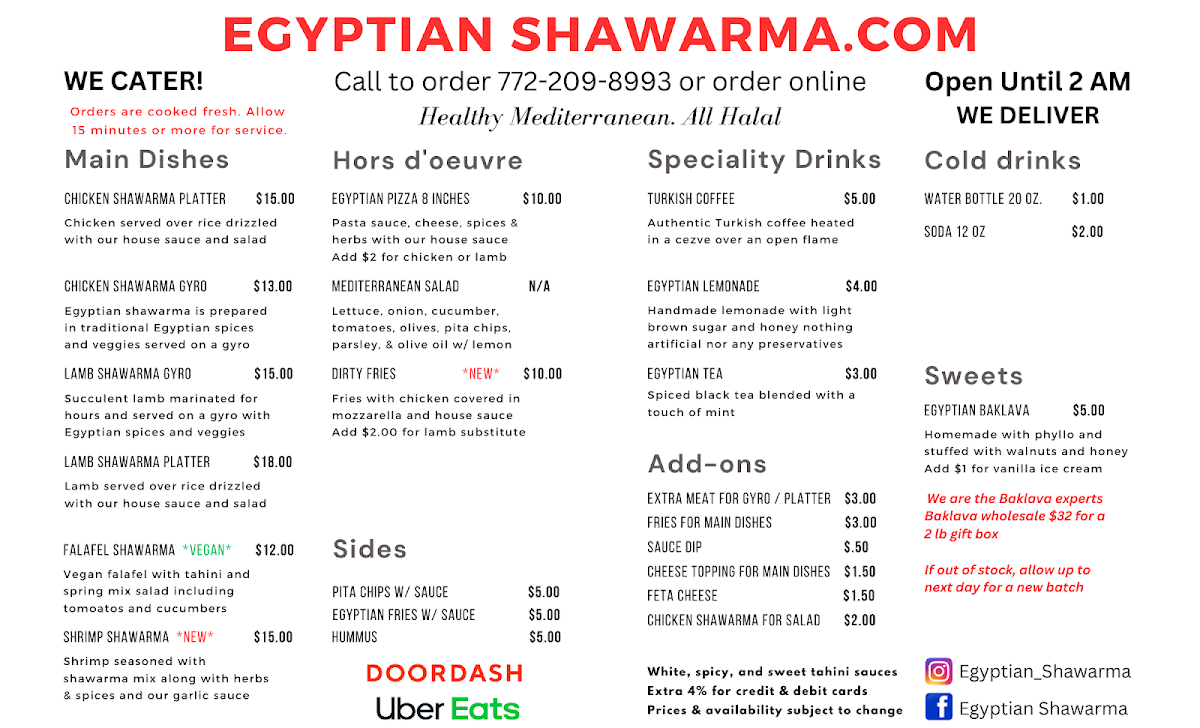 Egyptian Shawarma menu board
