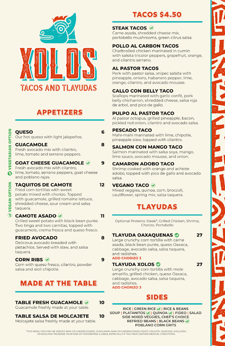 Xolos Tacos Y Tlayudas menu board