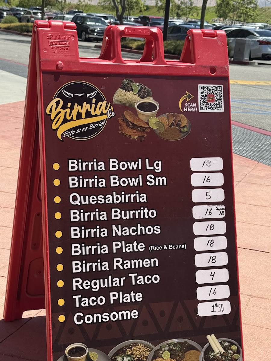 Birria Co. menu board