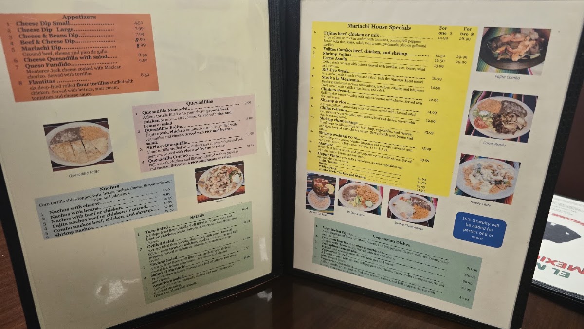 El Mariachi Mexican Grill menu board