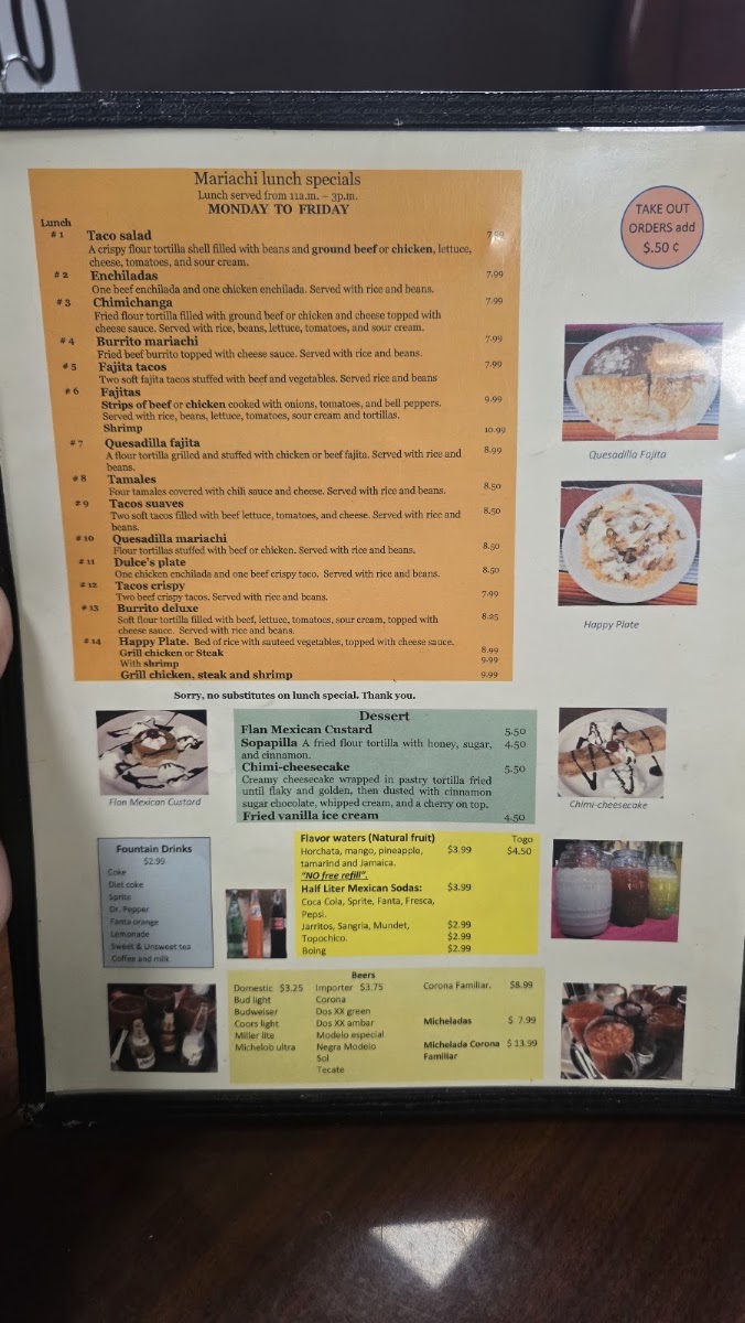 El Mariachi Mexican Grill menu board
