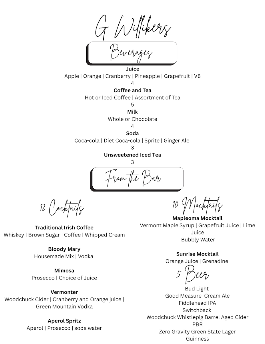 G Willikers Brunch and Catering menu board