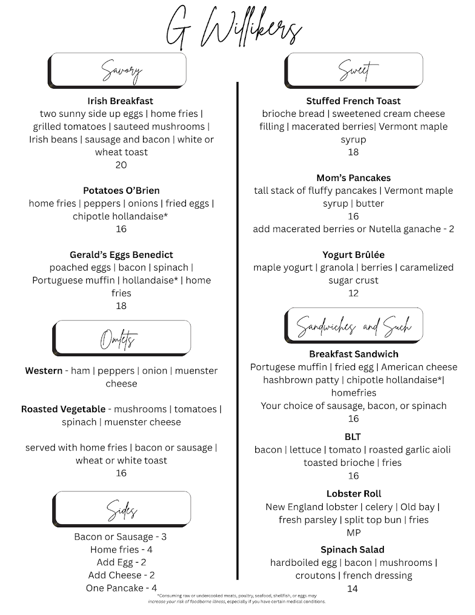G Willikers Brunch and Catering menu board