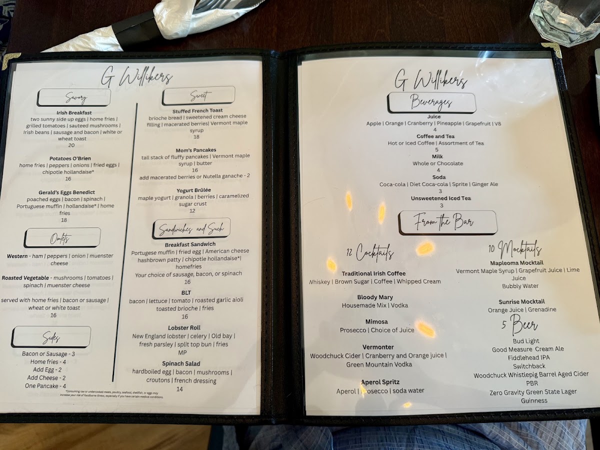 G Willikers Brunch and Catering menu board