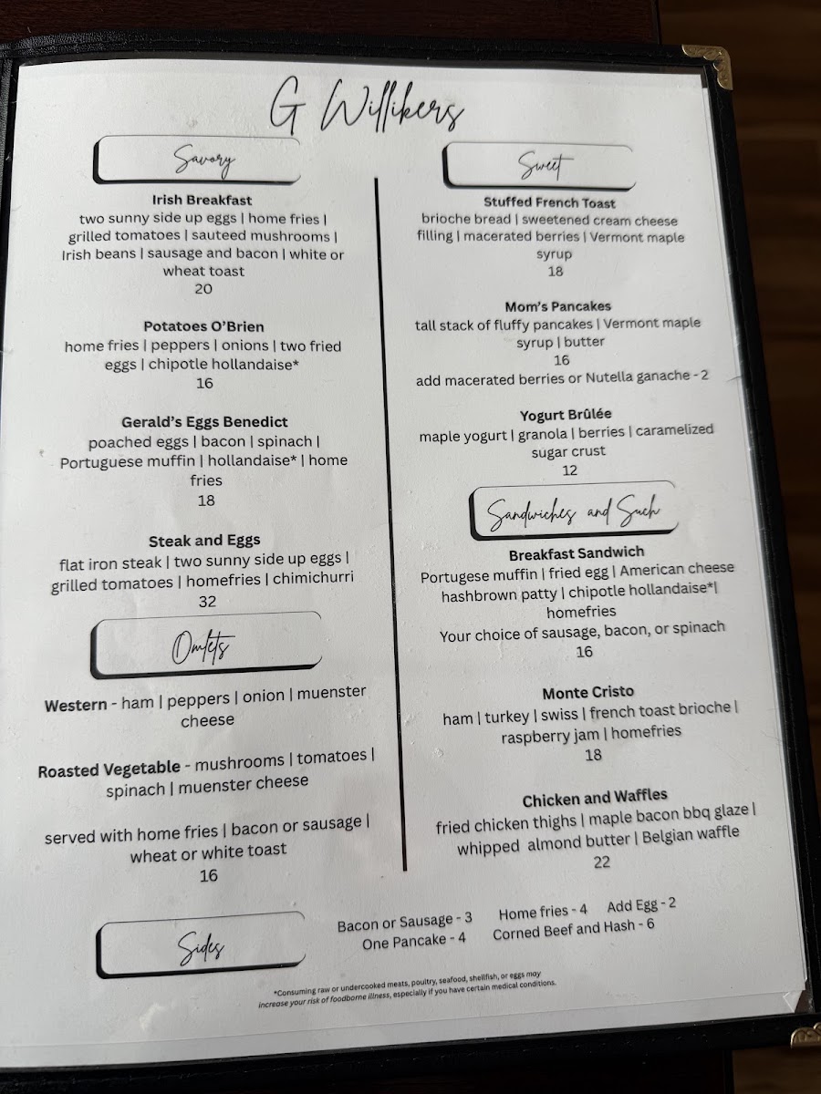 G Willikers Brunch and Catering menu board