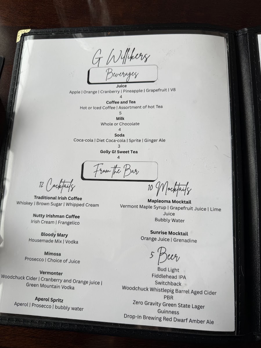 G Willikers Brunch and Catering menu board
