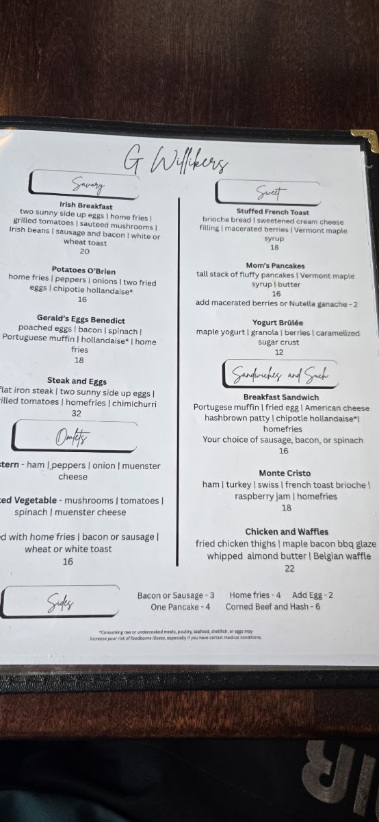 G Willikers Brunch and Catering menu board