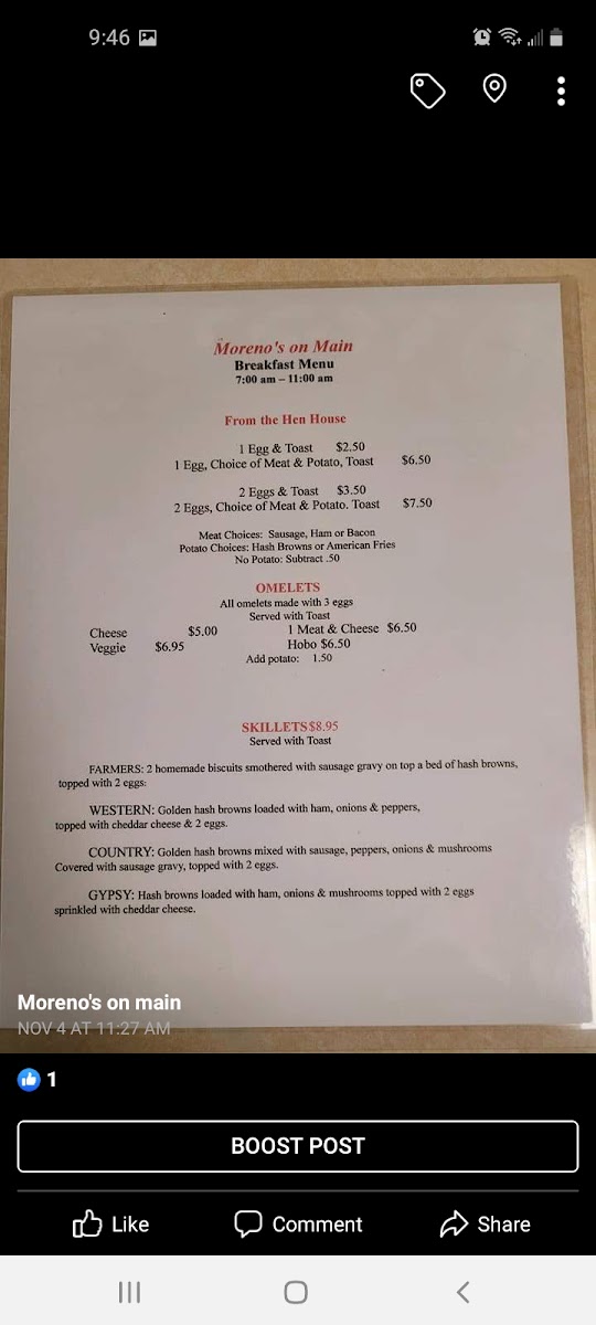 Moreno's on Main menu board