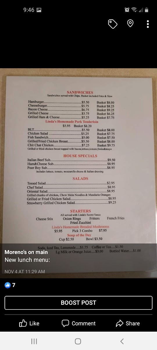 Moreno's on Main menu board
