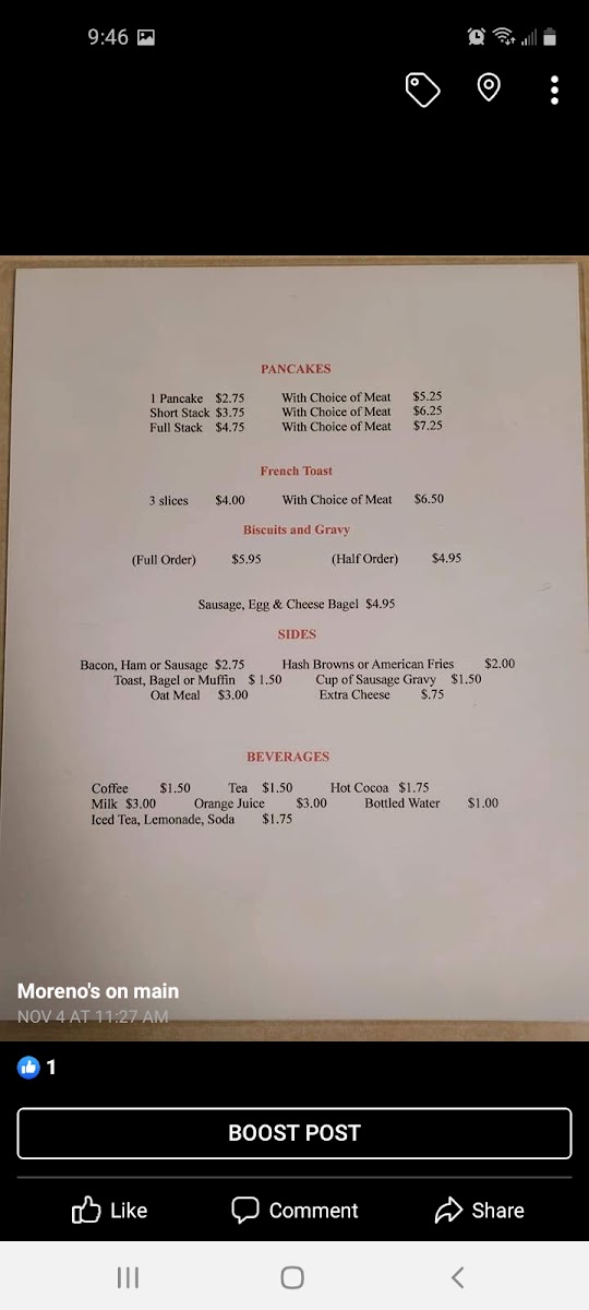 Moreno's on Main menu board