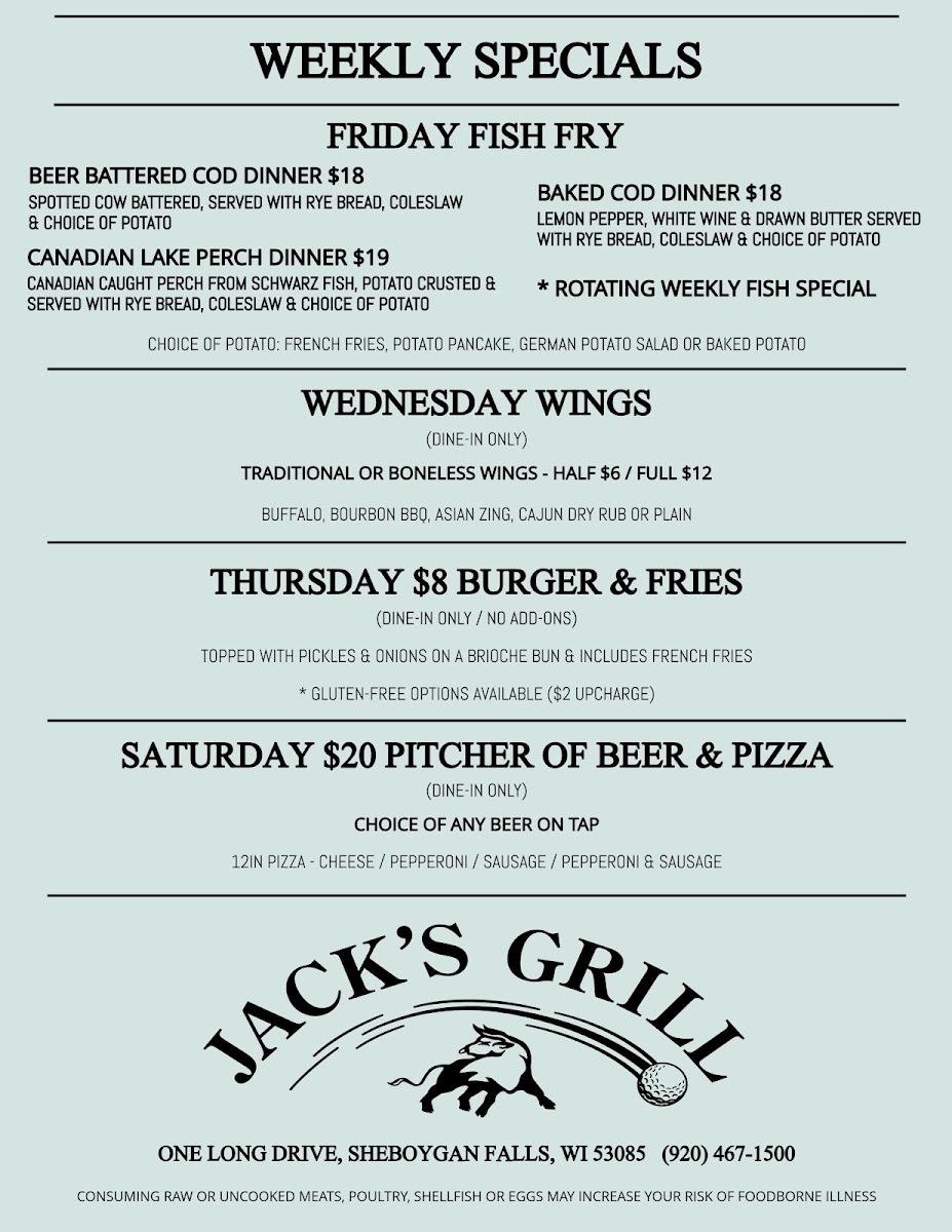 Jack's Grill at The Bull at Pinehurst Farms menu board