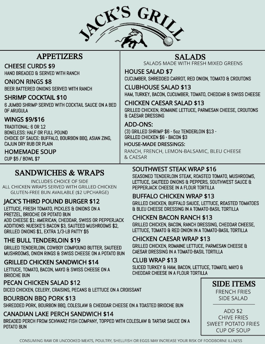 Jack's Grill at The Bull at Pinehurst Farms menu board