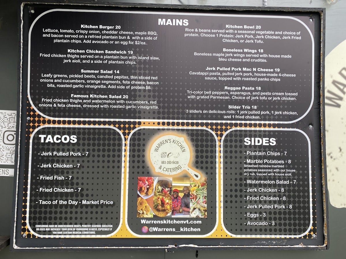 Warren's Kitchen & Catering menu board