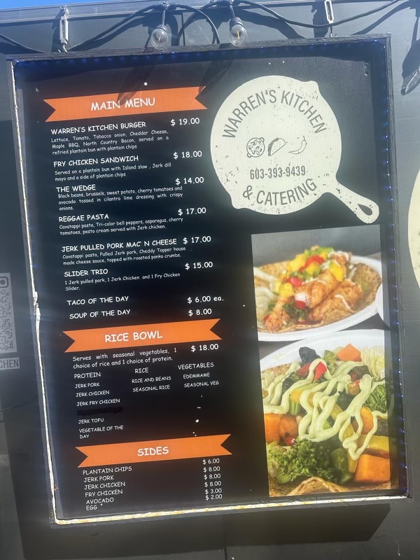Warren's Kitchen & Catering menu board