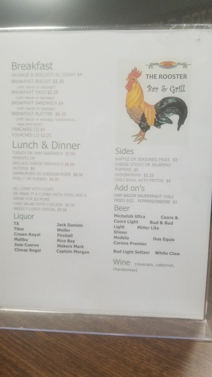 Rooster Bar & Grill menu board