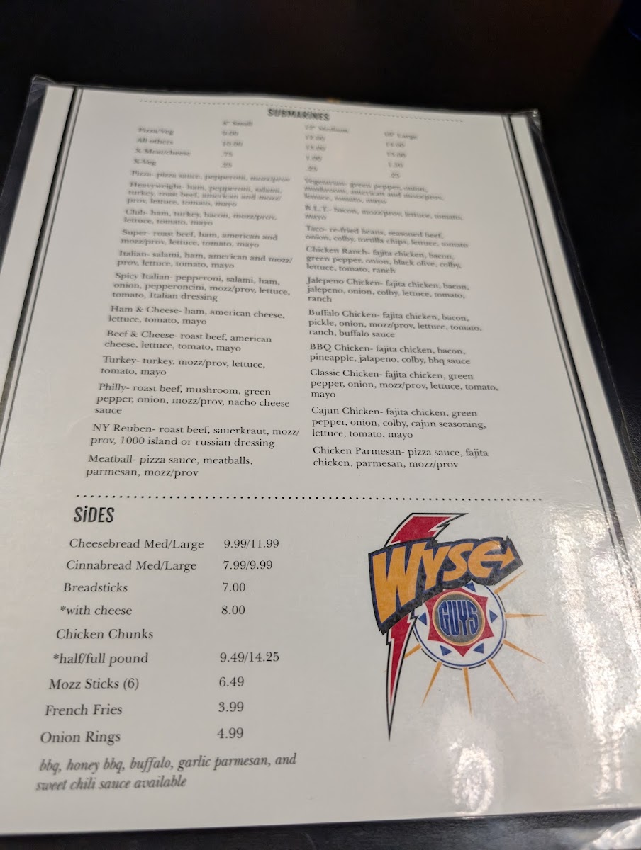 Wyse Guys Restaurant & Pizzeria menu board