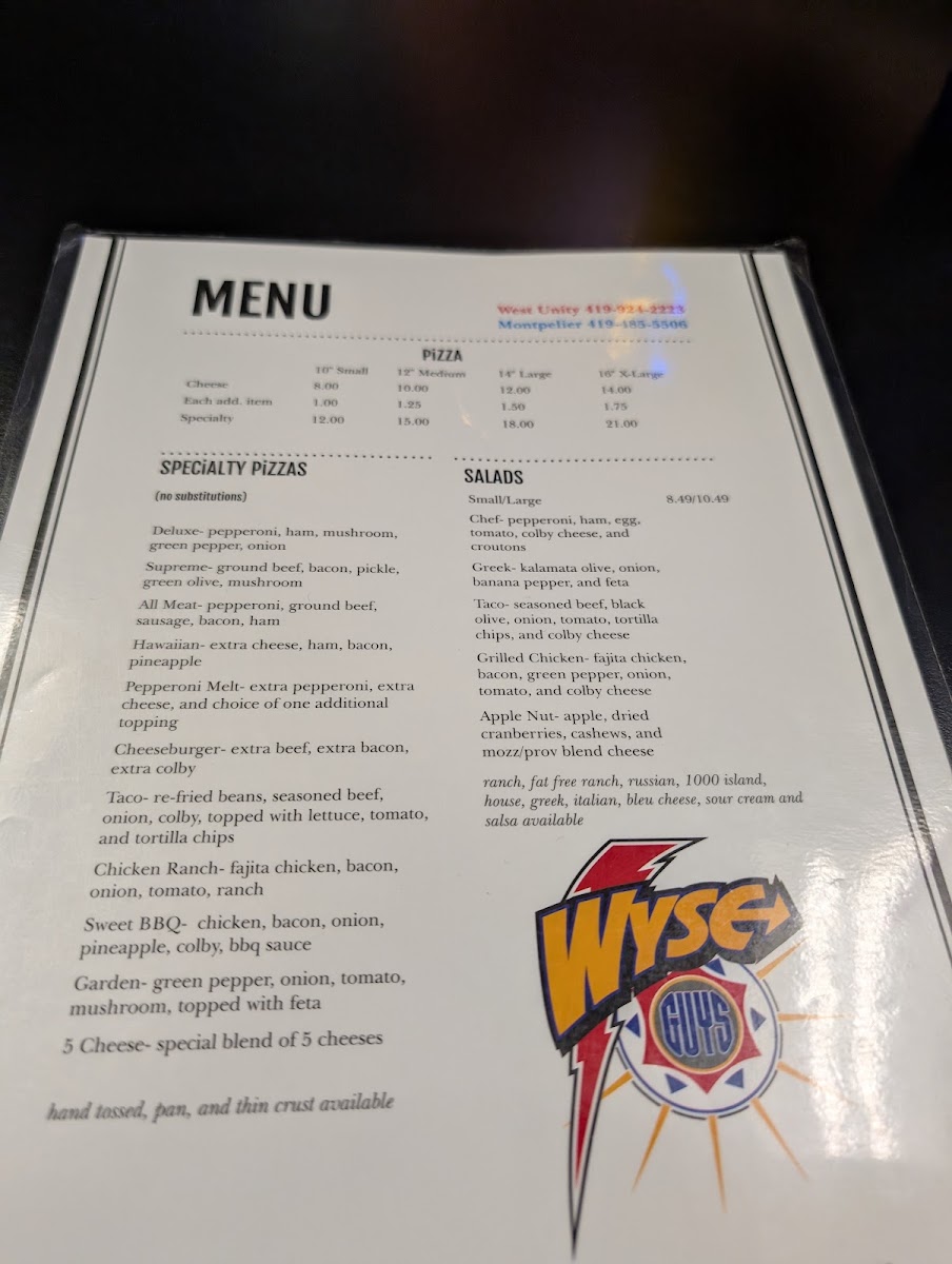 Wyse Guys Restaurant & Pizzeria menu board