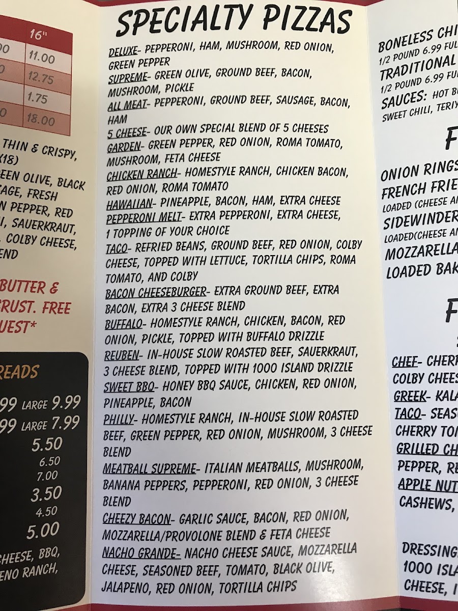 Wyse Guys Restaurant & Pizzeria menu board