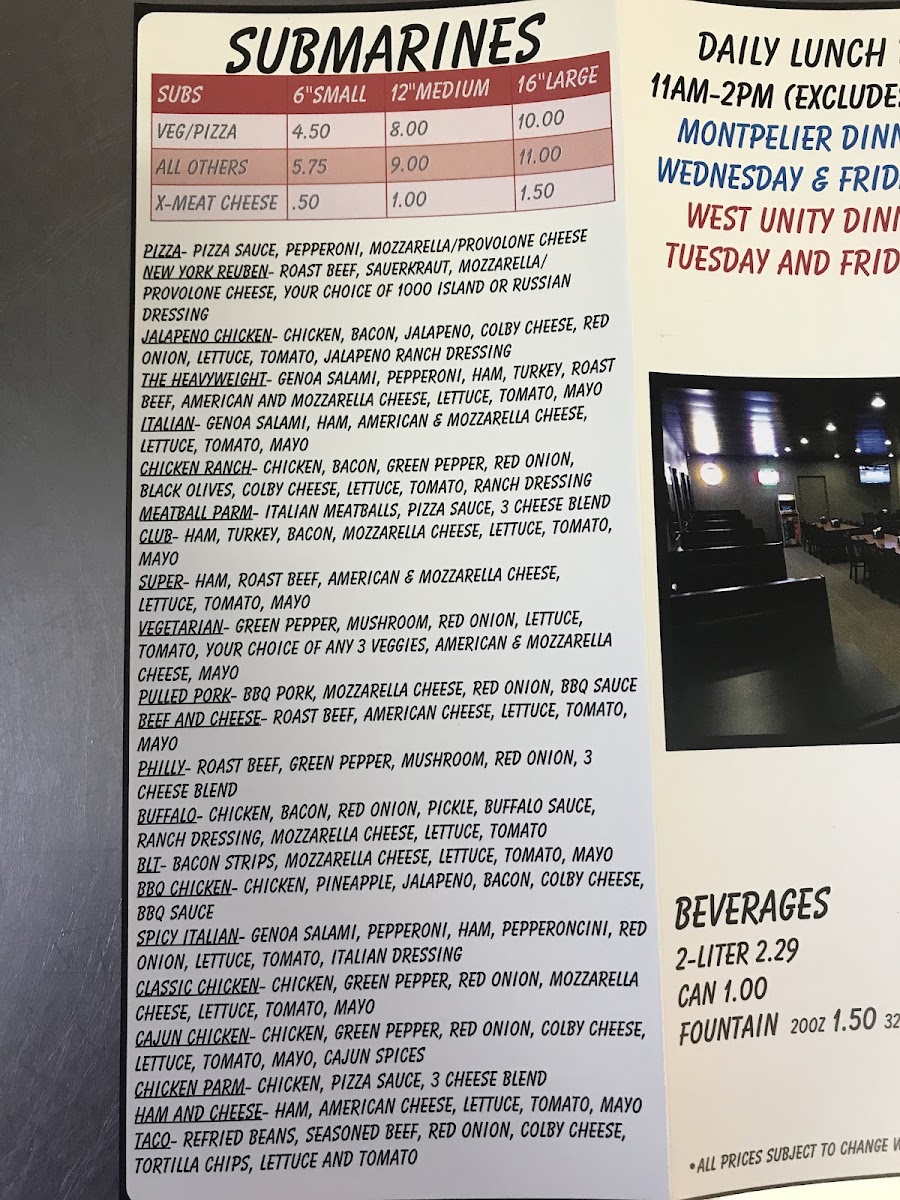 Wyse Guys Restaurant & Pizzeria menu board