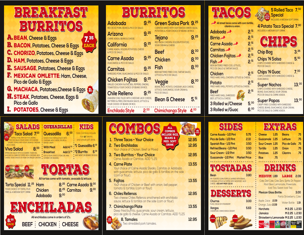 Viva Mexican Food menu board