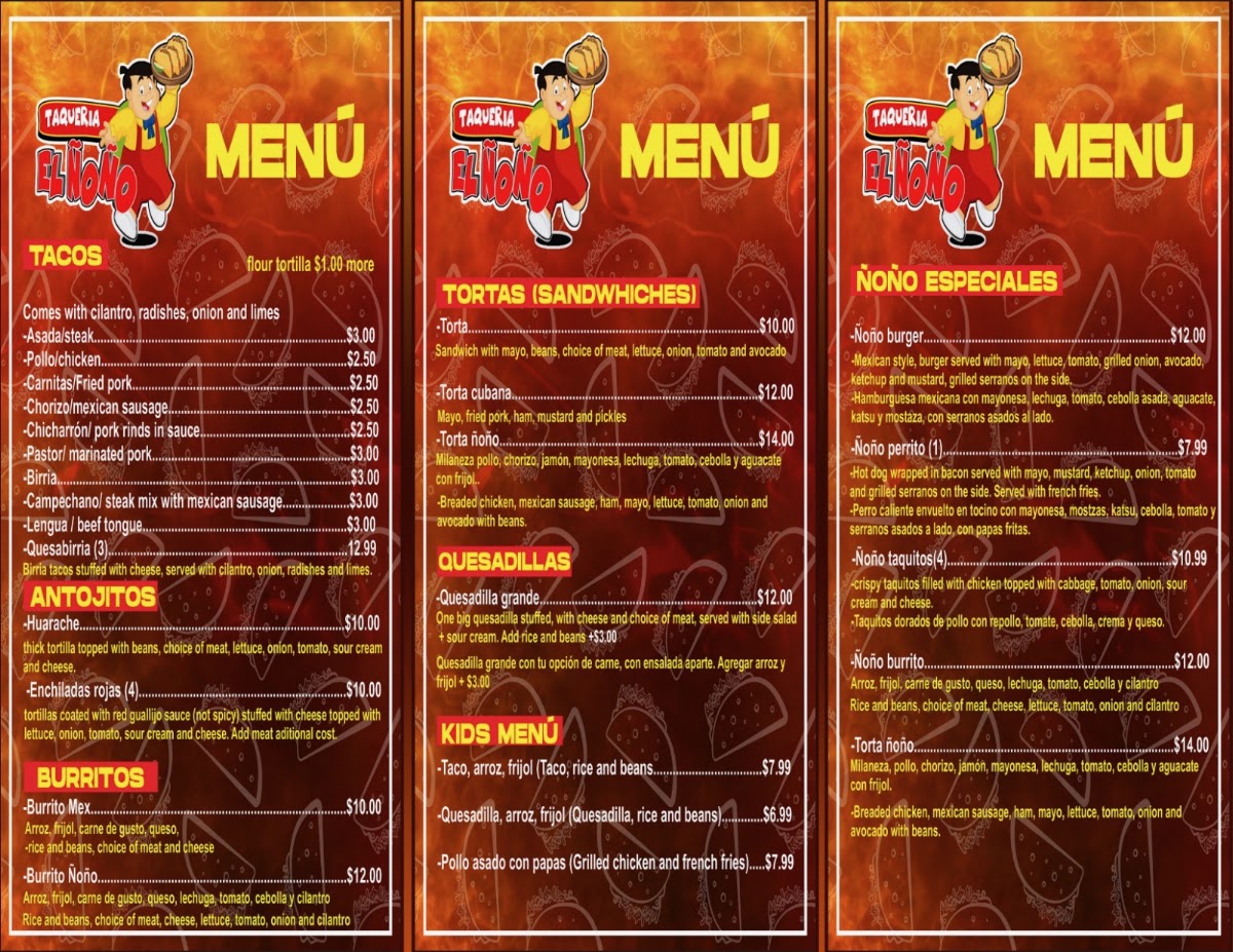 Taqueria el ńońo menu board