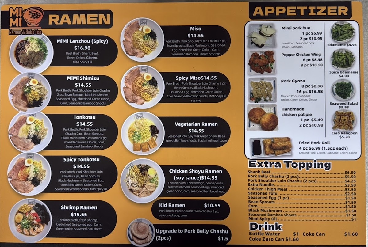 Mimi Ramen & Boba Tea menu board
