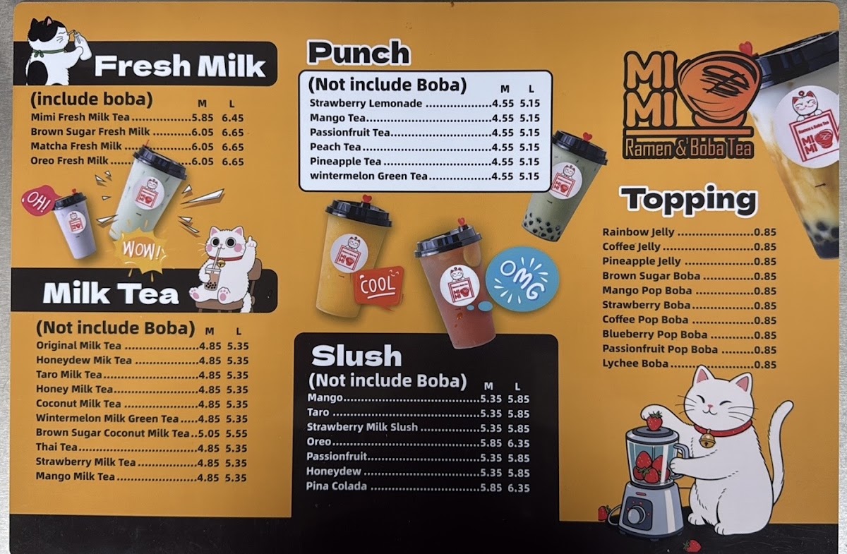Mimi Ramen & Boba Tea menu board