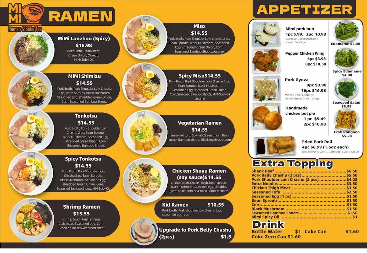 Mimi Ramen & Boba Tea menu board