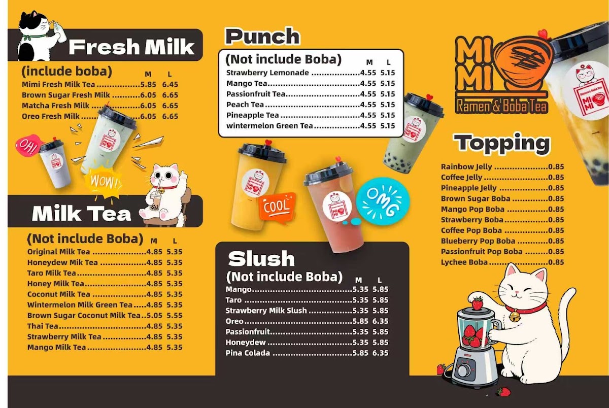 Mimi Ramen & Boba Tea menu board