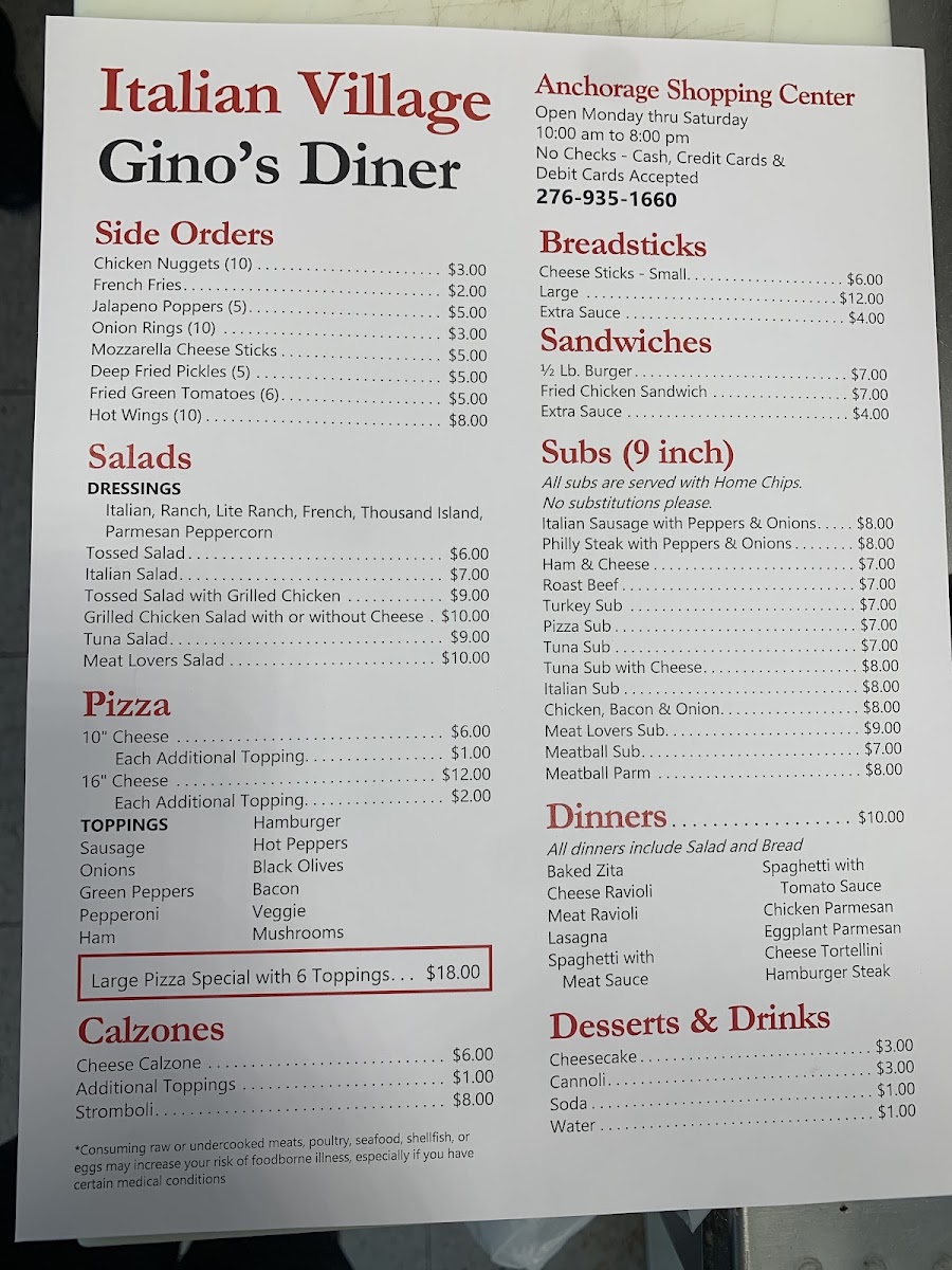 Italian Village menu board