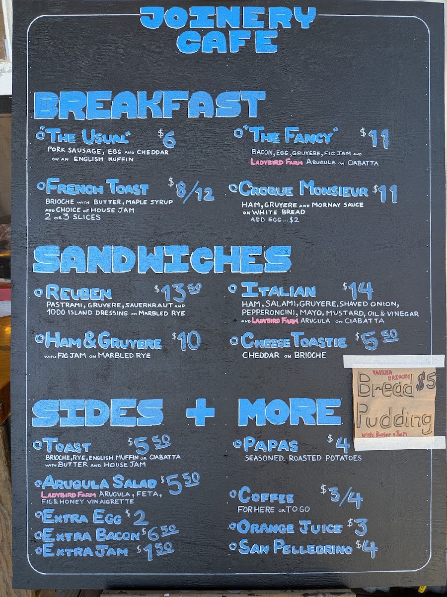 The Joinery Kitchen and Cafe menu board