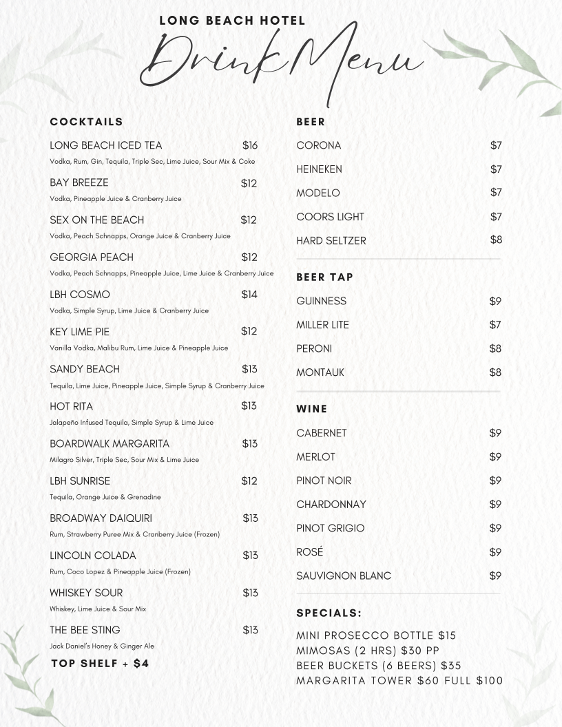 LBH Bar and Grill menu board