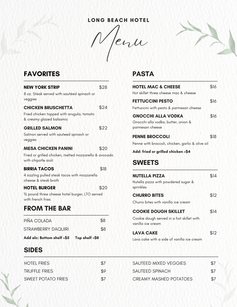 LBH Bar and Grill menu board